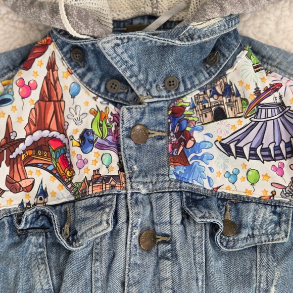 Free People‎ Disney Patches Denim Hooded Jacket XS Jean Knit Sleeve Unique - Picture 5 of 9